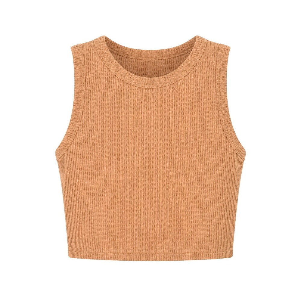 Tan Ribbed Knit Round Neck Fitted Cropped Basic Tank Top Medium Crop Brown Clean